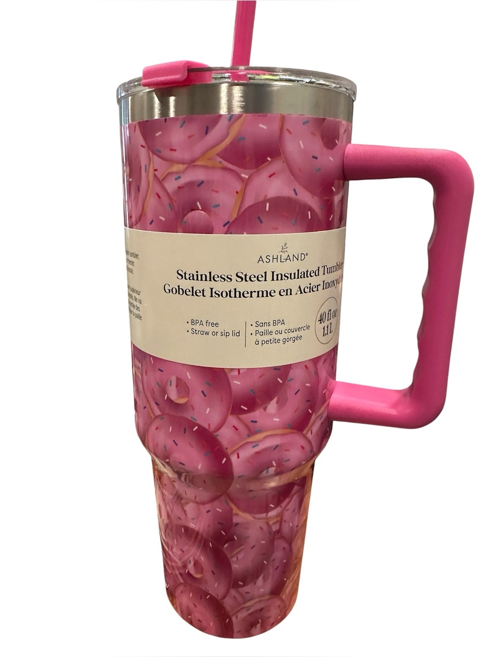 Ashland Pink Donut Print Stainless Steel Insulated Tumbler with Pink Handle
